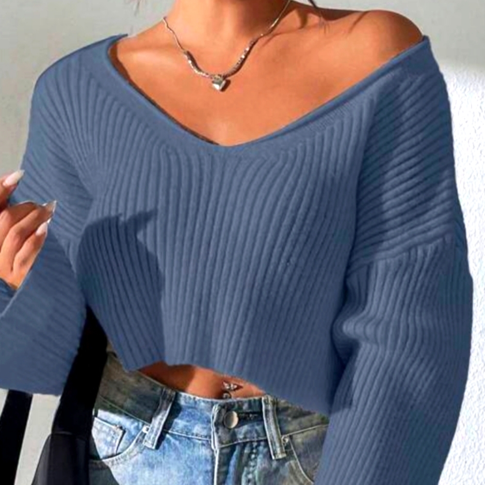 Shein oversized Ribbed V-Neck Extra Long Sleeves Sweater Blue xs
